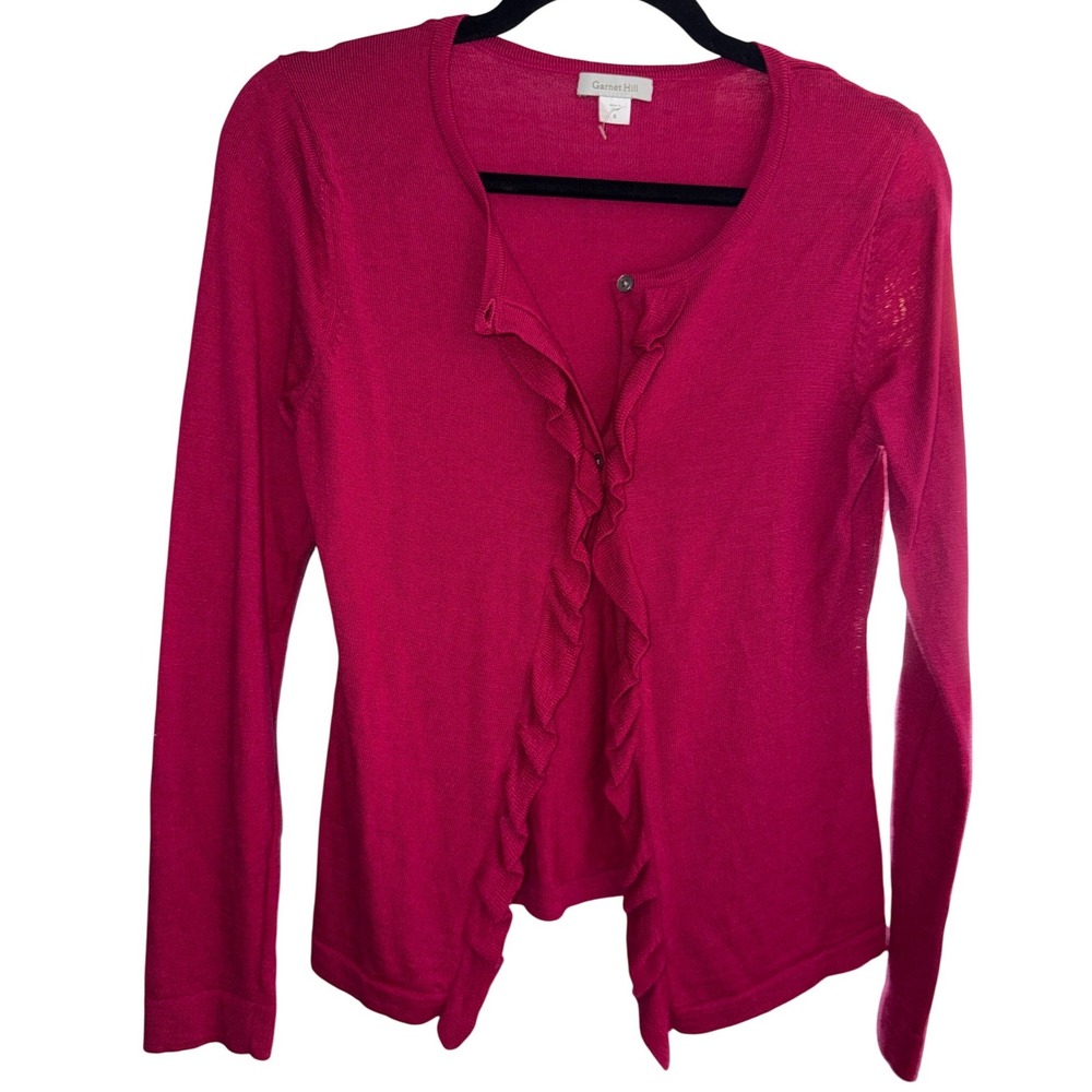 Garnet‎ Hill Womens Pink Merino Wool Button Front Ruffle Cardigan Sweater Size S